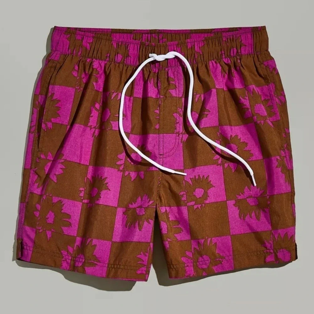 Urban Outfitters Daisy Checkerboard Print Swim Shorts Trunks Purple Brown Medium